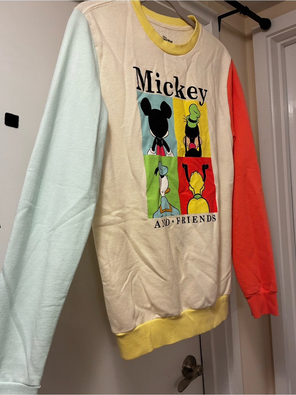 Lightweight Disney Mickey Mouse Crew Neck Sweatshirt in Red, White, Yellow, Blue